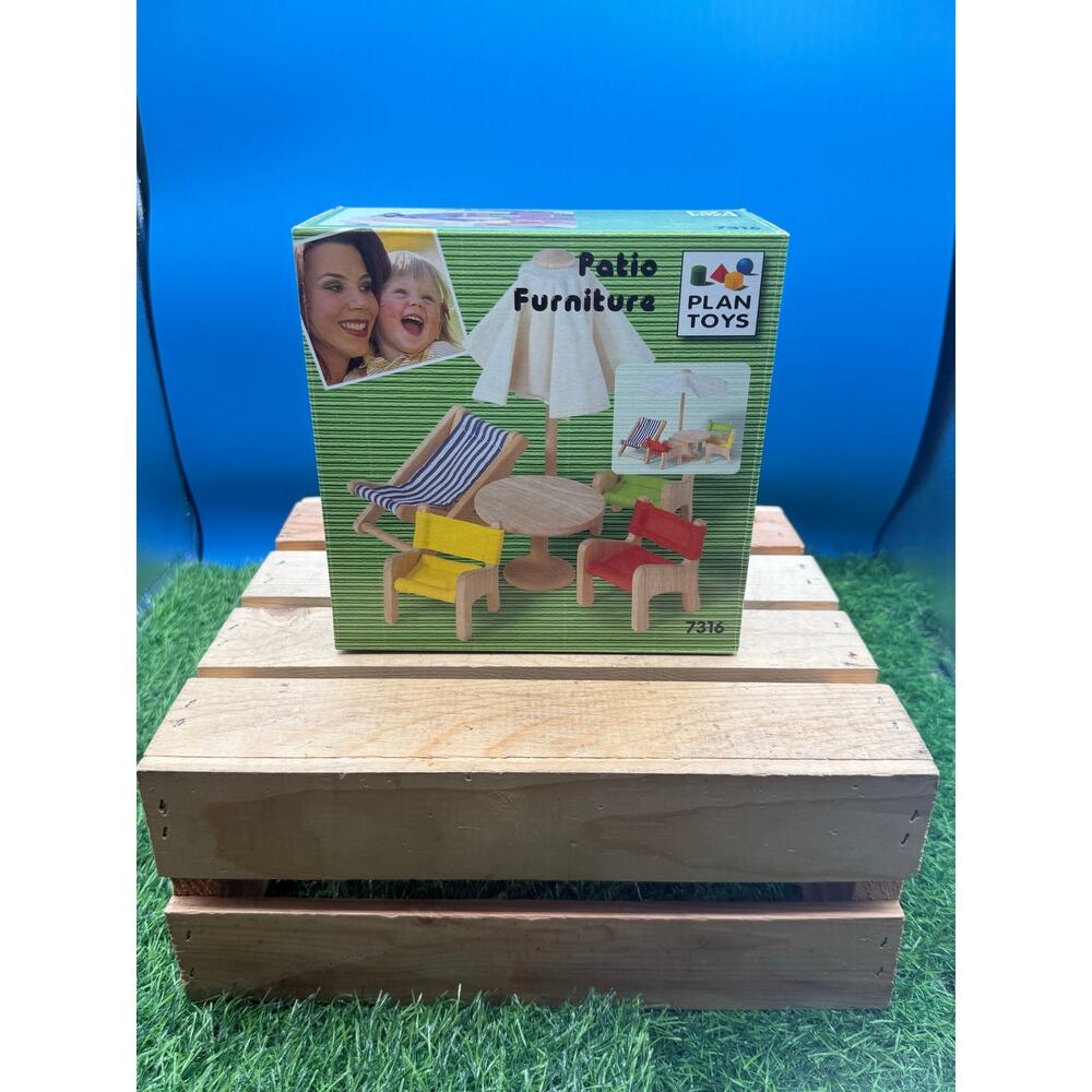Vintage Plan Toys Wooden Dollhouse Patio Furniture Set #7316 – In Original Box
